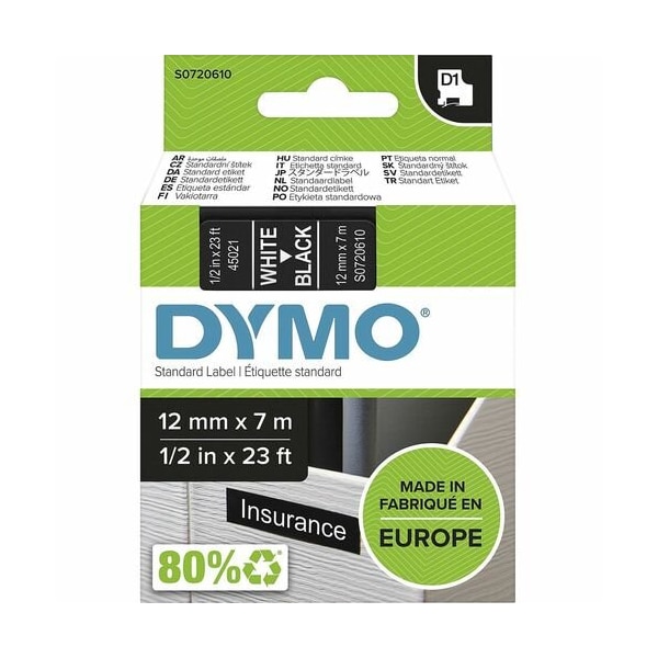 Dymo Label Tape, f/DYMO Labelmakers, 1/2inx23ft , White/Black DYMS0720610 - main